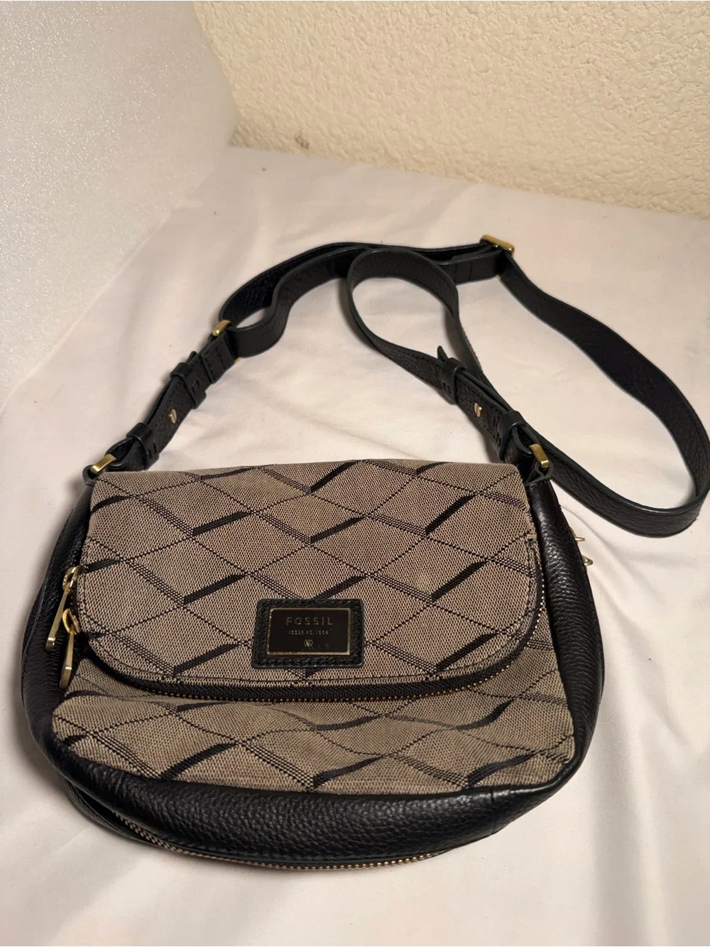 Fossil Taupe Patterned Crossbody with Black Trim